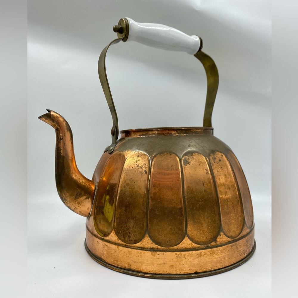 Vintage Copper Kettle Pot Rustic Distressed Patina Ceramic Handle NO LID Antique